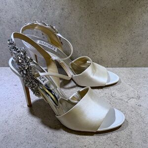 Badgley Mischka Ivory White Satin Heels with Crystal Accents